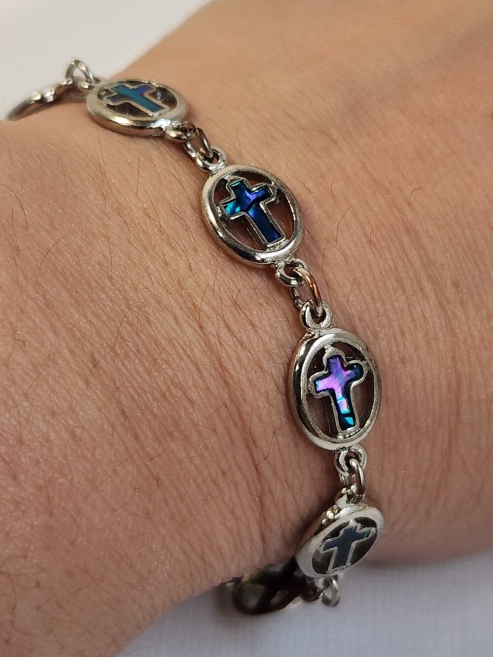 VTG 90's Genuine Abalone Shell Inlay Cross Bracelet 7.5"